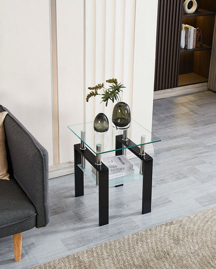 Clear and Black Glass and Metal Square End Tables With Shelf
