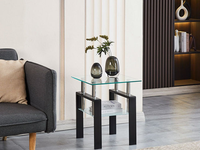 Clear and Black Glass and Metal Square End Tables With Shelf