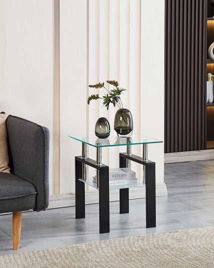 Clear and Black Glass and Metal Square End Tables With Shelf