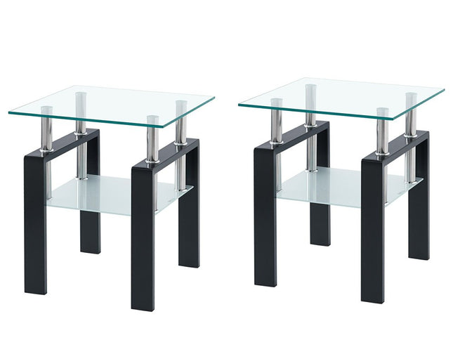 Clear and Black Glass and Metal Square End Tables With Shelf