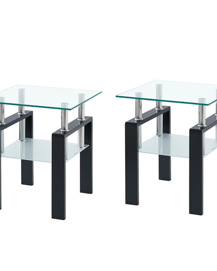 Clear and Black Glass and Metal Square End Tables With Shelf