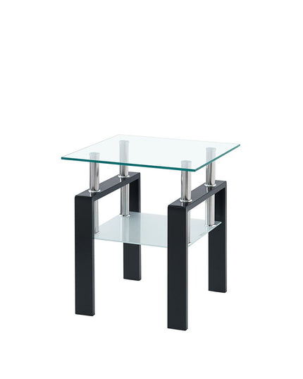 Clear and Black Glass and Metal Square End Tables With Shelf