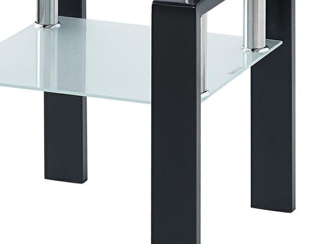 Clear and Black Glass and Metal Square End Tables With Shelf