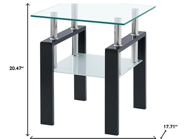 Clear and Black Glass and Metal Square End Tables With Shelf