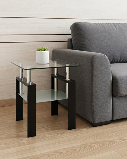 Clear and Black Glass and Metal Square End Tables With Shelf