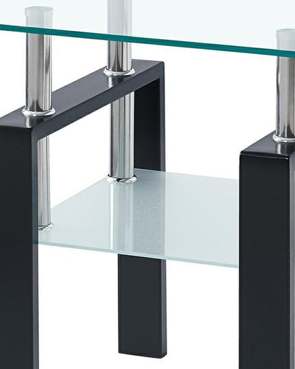 Set of Two Clear and Black Glass and Metal Square End Tables With Shelf
