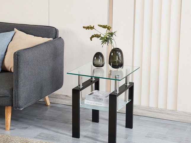 Set of Two Clear and Black Glass and Metal Square End Tables With Shelf