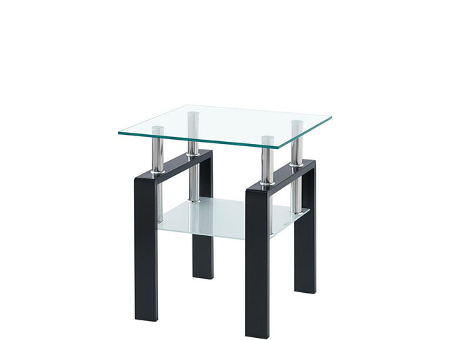 Set of Two Clear and Black Glass and Metal Square End Tables With Shelf