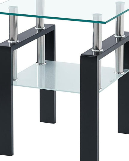 Set of Two Clear and Black Glass and Metal Square End Tables With Shelf