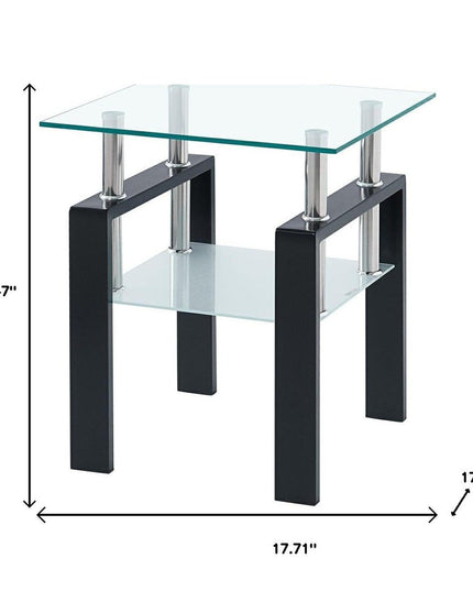 Set of Two Clear and Black Glass and Metal Square End Tables With Shelf