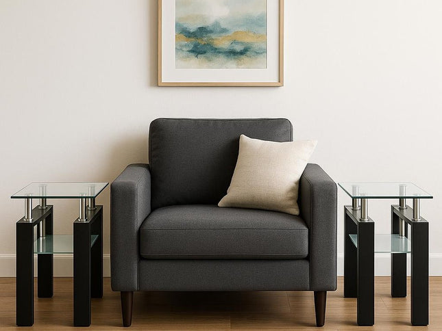 Set of Two Clear and Black Glass and Metal Square End Tables With Shelf