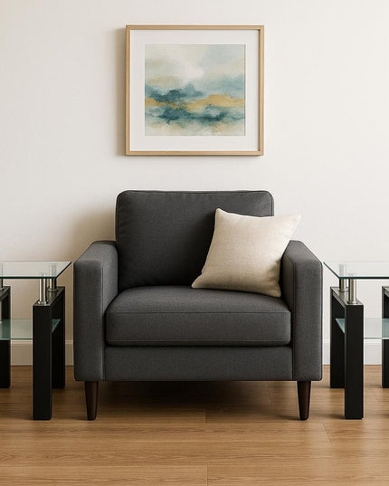Set of Two Clear and Black Glass and Metal Square End Tables With Shelf