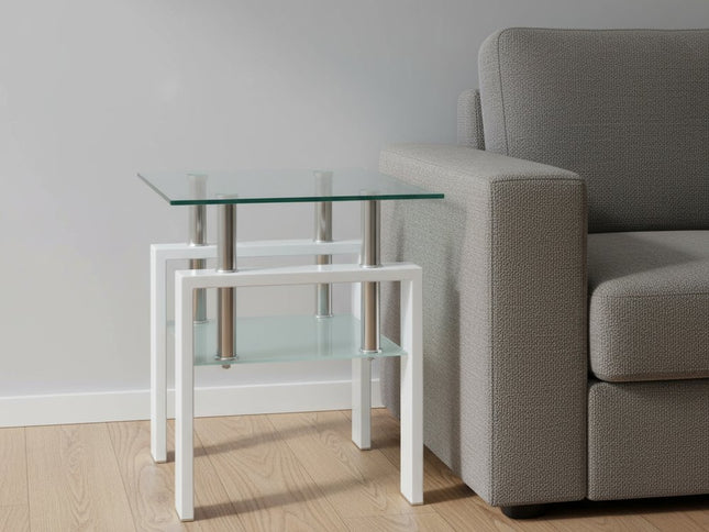 20" Clear and White Glass and Metal Square End Table With Shelf