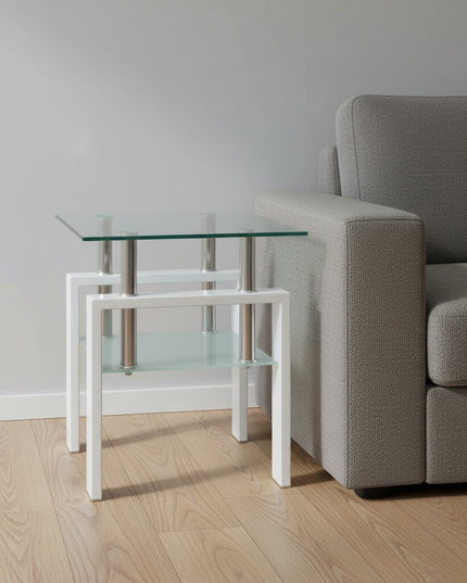 20" Clear and White Glass and Metal Square End Table With Shelf