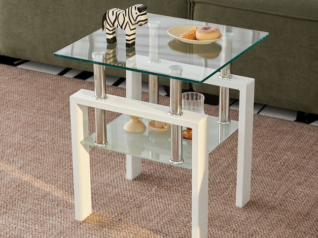 20" Clear and White Glass and Metal Square End Table With Shelf
