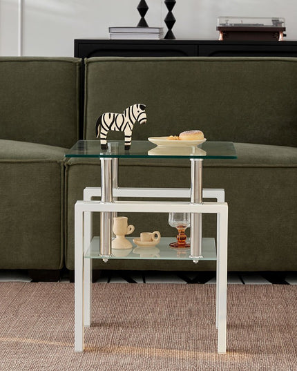 20" Clear and White Glass and Metal Square End Table With Shelf