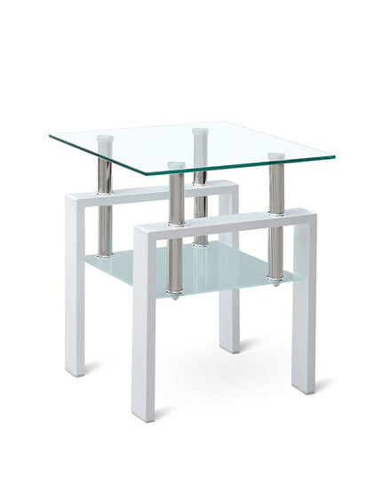 20" Clear and White Glass and Metal Square End Table With Shelf