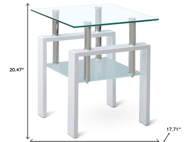 20" Clear and White Glass and Metal Square End Table With Shelf