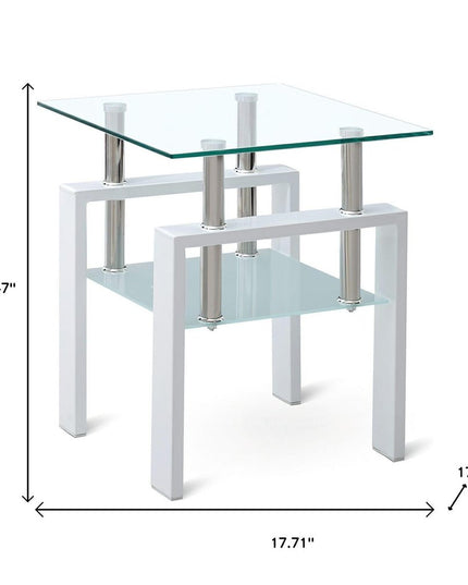 20" Clear and White Glass and Metal Square End Table With Shelf