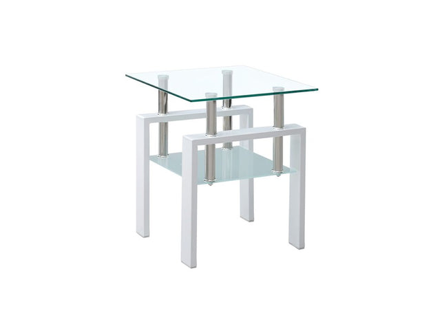 Set of Two Clear and White Glass and Metal Square End Tables With Shelf