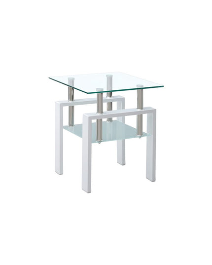 Set of Two Clear and White Glass and Metal Square End Tables With Shelf
