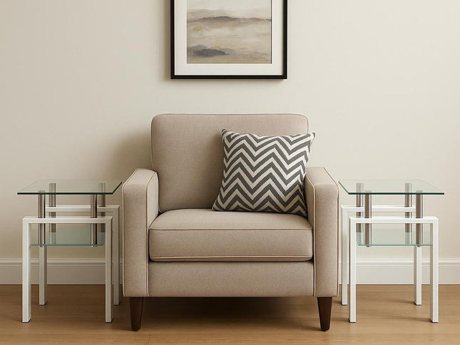 Set of Two Clear and White Glass and Metal Square End Tables With Shelf