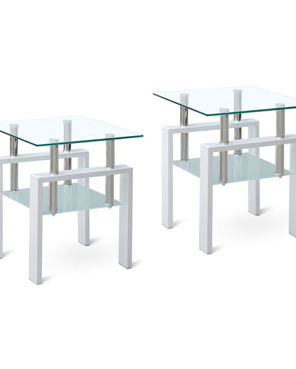 Set of Two Clear and White Glass and Metal Square End Tables With Shelf