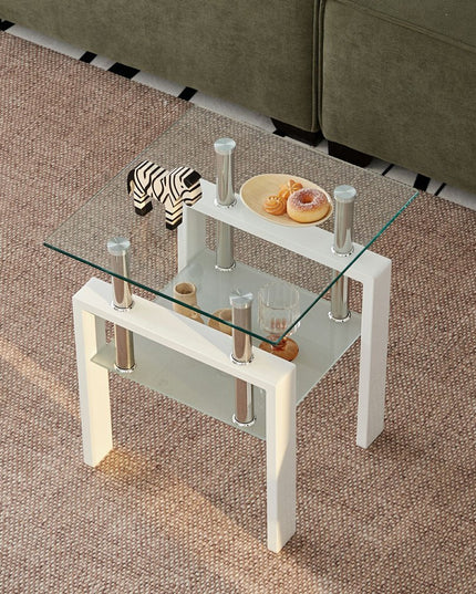 Set of Two Clear and White Glass and Metal Square End Tables With Shelf
