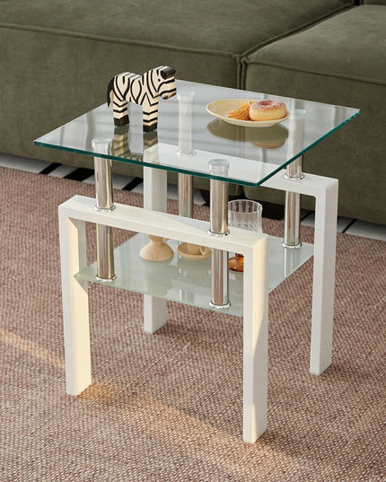 Set of Two Clear and White Glass and Metal Square End Tables With Shelf