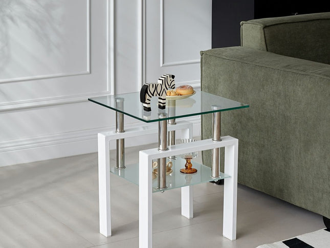 Set of Two Clear and White Glass and Metal Square End Tables With Shelf