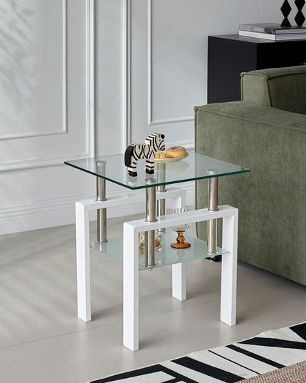 Set of Two Clear and White Glass and Metal Square End Tables With Shelf