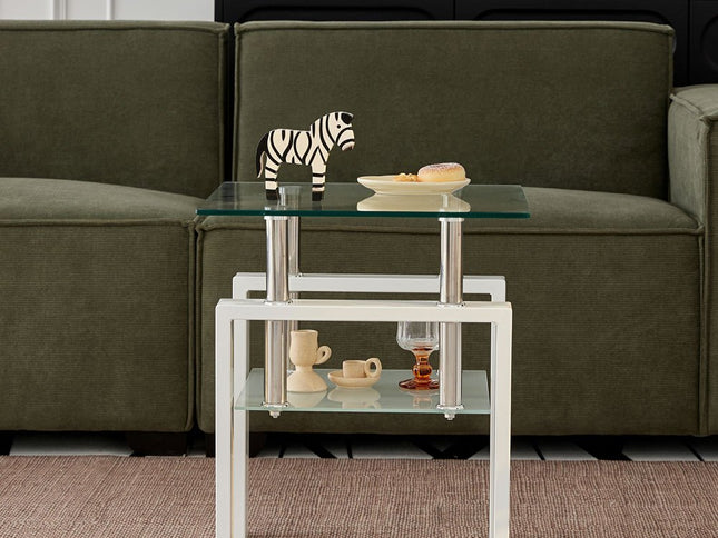 Set of Two Clear and White Glass and Metal Square End Tables With Shelf