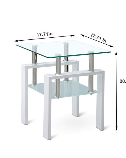 Set of Two Clear and White Glass and Metal Square End Tables With Shelf