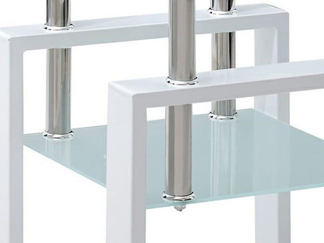 Set of Two Clear and White Glass and Metal Square End Tables With Shelf