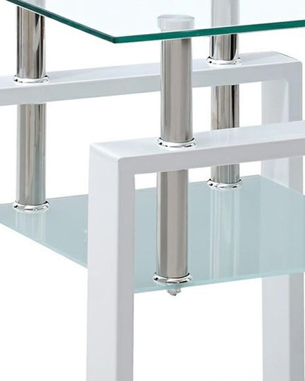 Set of Two Clear and White Glass and Metal Square End Tables With Shelf