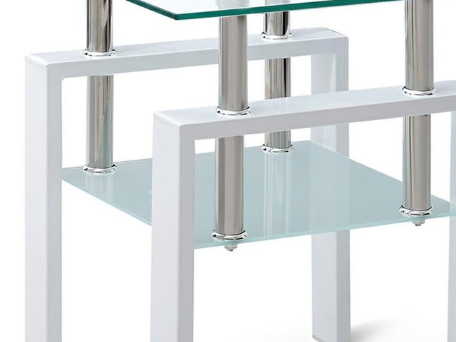 Set of Two Clear and White Glass and Metal Square End Tables With Shelf