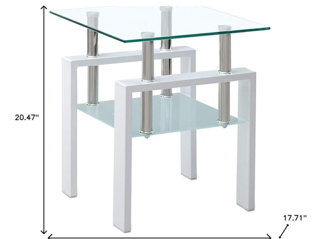 Set of Two Clear and White Glass and Metal Square End Tables With Shelf