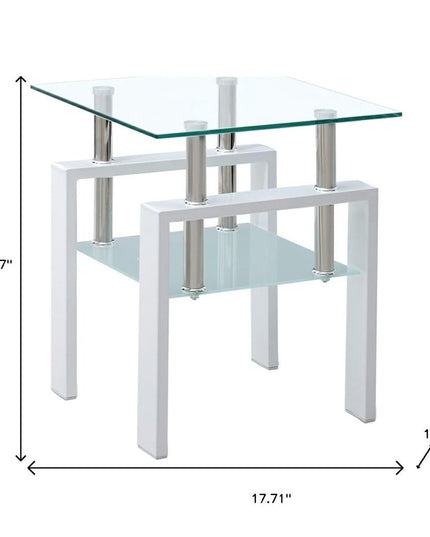 Set of Two Clear and White Glass and Metal Square End Tables With Shelf