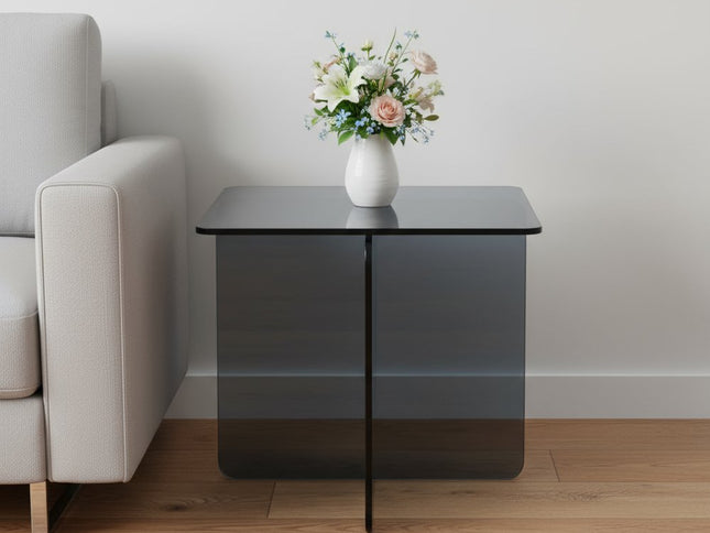 16" Smoky Black Glass Square Cross Legs End Table