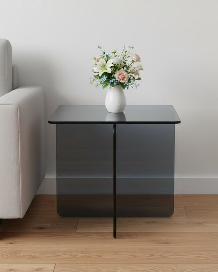16" Smoky Black Glass Square Cross Legs End Table