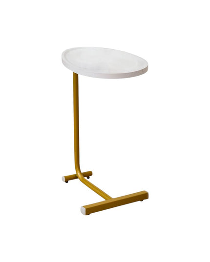 Set of Two White and Gold Faux Marble and Metal Oval End Tables