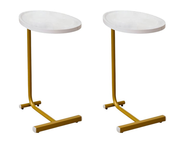 Set of Two White and Gold Faux Marble and Metal Oval End Tables