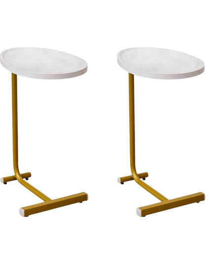Set of Two White and Gold Faux Marble and Metal Oval End Tables