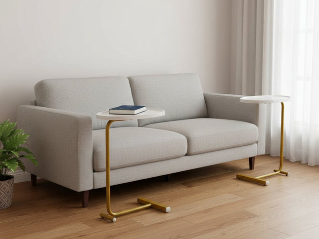 Set of Two White and Gold Faux Marble and Metal Oval End Tables