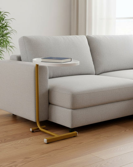 Set of Two White and Gold Faux Marble and Metal Oval End Tables