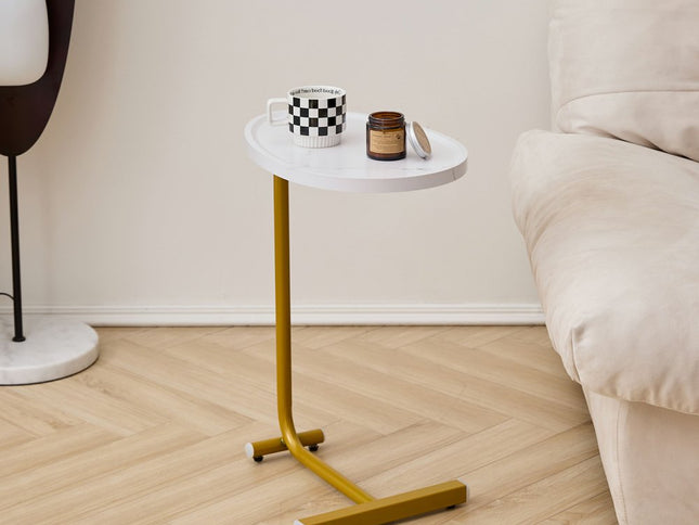 Set of Two White and Gold Faux Marble and Metal Oval End Tables
