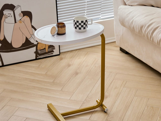 Set of Two White and Gold Faux Marble and Metal Oval End Tables