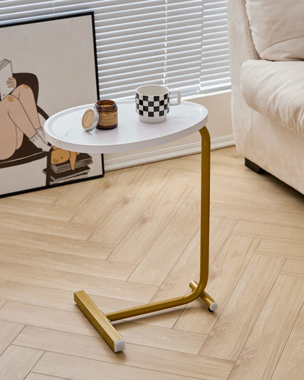 Set of Two White and Gold Faux Marble and Metal Oval End Tables