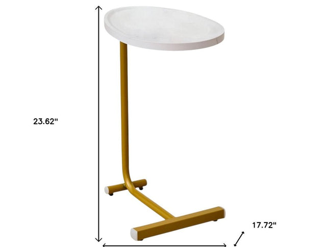 Set of Two White and Gold Faux Marble and Metal Oval End Tables