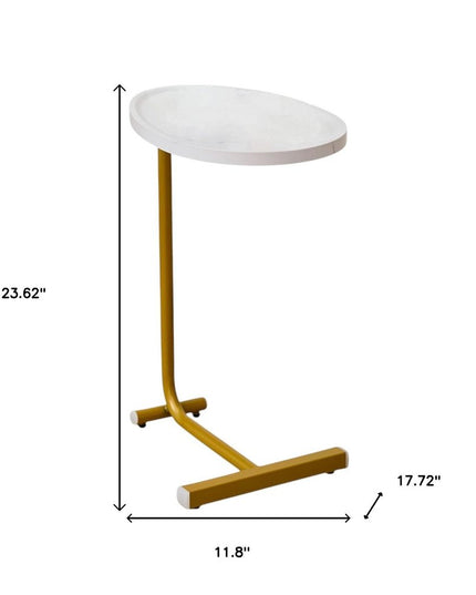 Set of Two White and Gold Faux Marble and Metal Oval End Tables